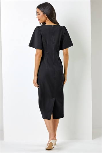 Black Gathered Wrap Front Midi Dress, Image 2 of 5