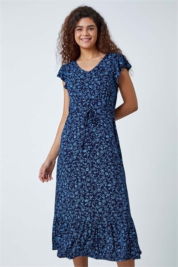 Blue Floral Print Frill Midi Stretch Dress