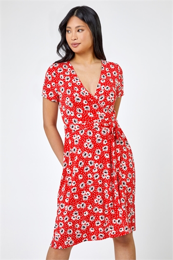 Red Petite Floral Jersey Wrap Dress, Image 3 of 5