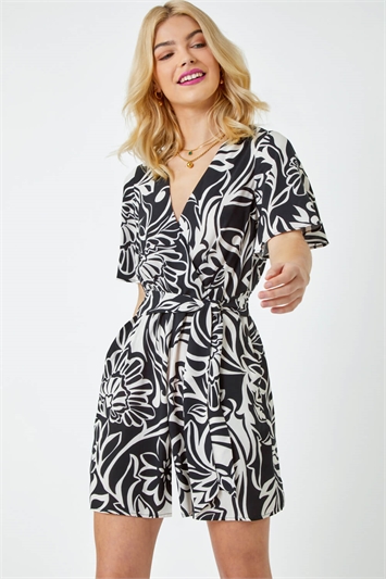 Black Graphic Print Belted Wrap Playsuit