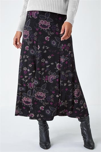 Black Floral Print Midi Elastic Waist Stretch Skirt