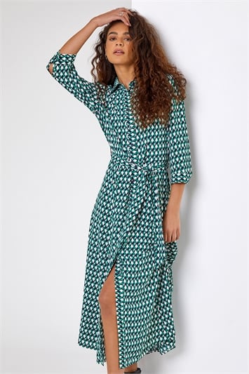 Green Geometric Print Tie Waist Midi Shirt Dress, Image 1 of 5
