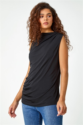 Black Sleeveless Ruched Stretch Top