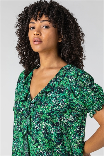 Green Floral Print Frill Detail Blouse, Image 5 of 5