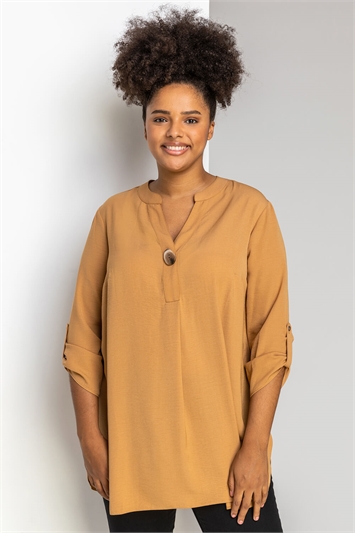 Curve Button Detail Tunic Top in Camel 