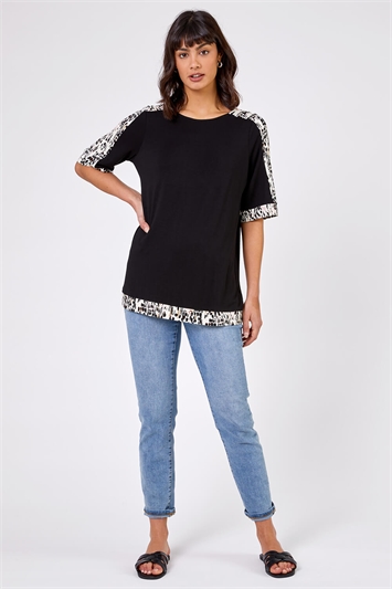 Black Abstract Print Contrast Jeresey Top, Image 2 of 4