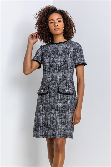 Black Textured Pocket Shift Dress