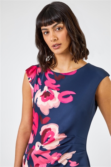 Navy Floral Print Fitted Premium Stretch Dress, Image 4 of 5