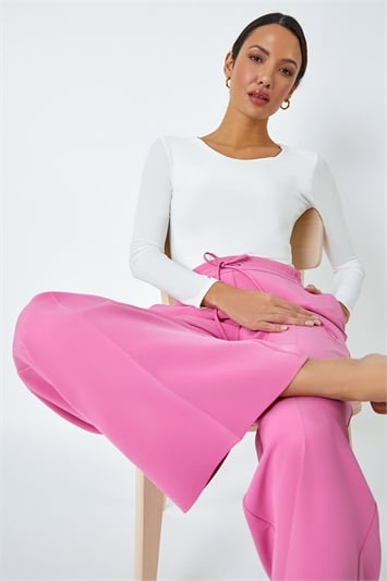 Pink Wide Leg Tie Front Stretch Trouser
