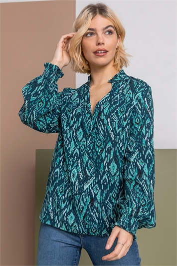 Turquoise Aztec Print Buttoned Blouse, Image 1 of 5