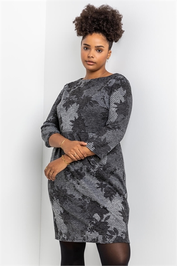 Grey Curve Floral Stripe Pocket Dress