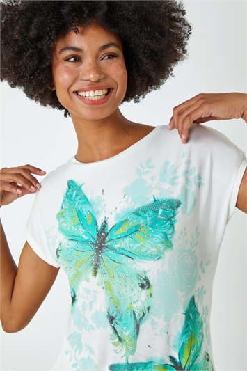 Green Embellished Butterfly Print T-Shirt
