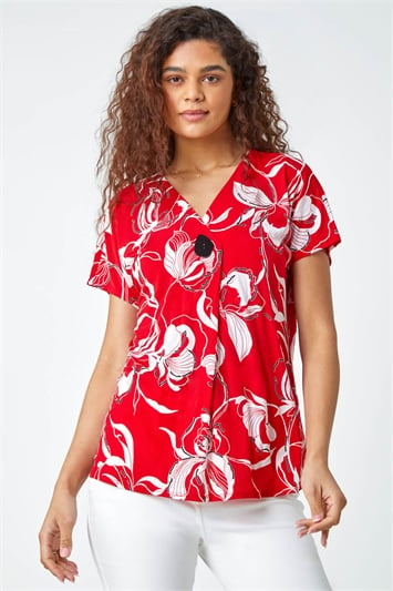 Red Floral Button Detail Stretch Top