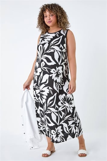 Black Curve Floral Print Stretch Maxi Dress