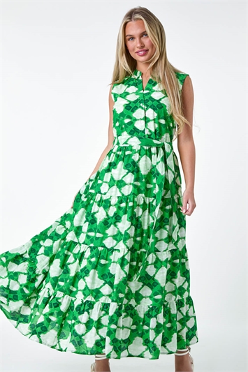 Green Petite Abstract Tiered Button Maxi Dress