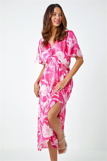 Pink Floral Print Twist Front Midi Dress