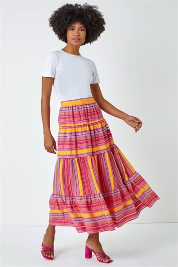 Multi Tiered Striped Elastic Waist Maxi Skirt