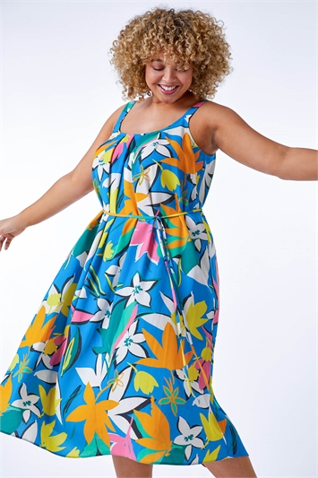 Blue Curve Leaf Print Belted Dress, Image 1 of 5