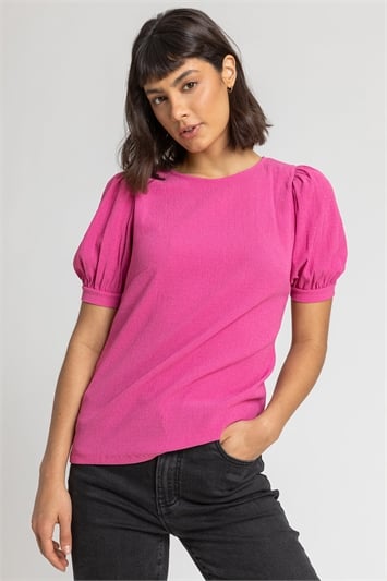 Pink Textured Puff Sleeve Jersey Top, Image 1 of 4