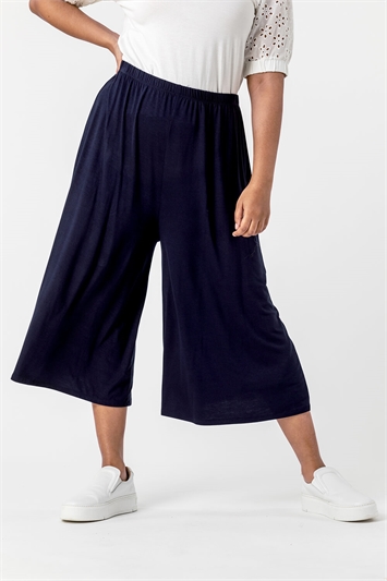 Navy Curve Plain Culotte Trousers, Image 3 of 4