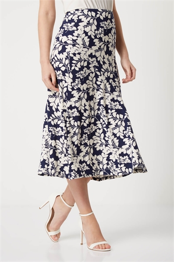 Floral Print Panel Midi Skirt in Navy - Roman Originals UK