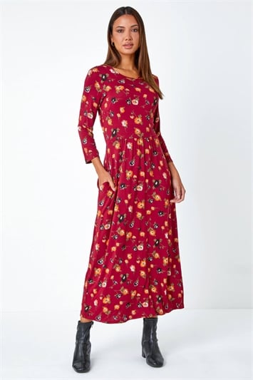 Red Floral Print Pocket Detail Midi Dress