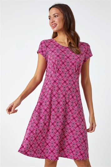 Pink Geo Print Textured Stretch Dress