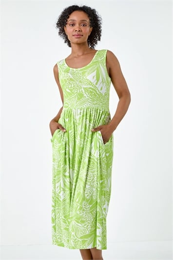 Green Petite Tropical Stretch Jersey Pocket Dress