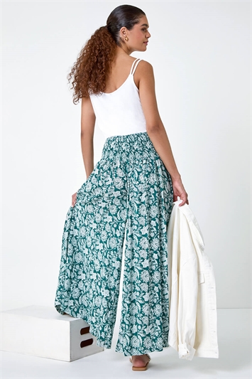 Green Floral Leaf Shirred Palazzo Stretch Trouser