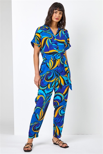 Royal Blue Abstract Print Collared Jumpsuit, Image 3 of 5