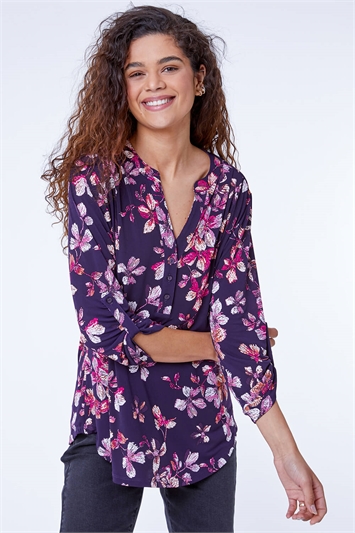 Floral Print Notch Neck Stretch Shirt and this?