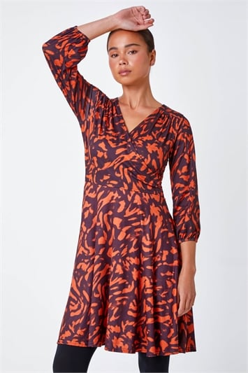 Orange Petite Abstract Print Wrap Stretch Dress