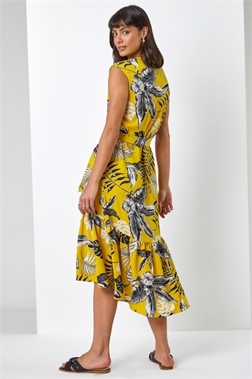 Yellow Tropical Print Dipped Hem Dress, Image 2 of 5