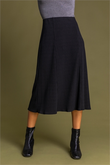 Black Ribbed Midi Length Skirt