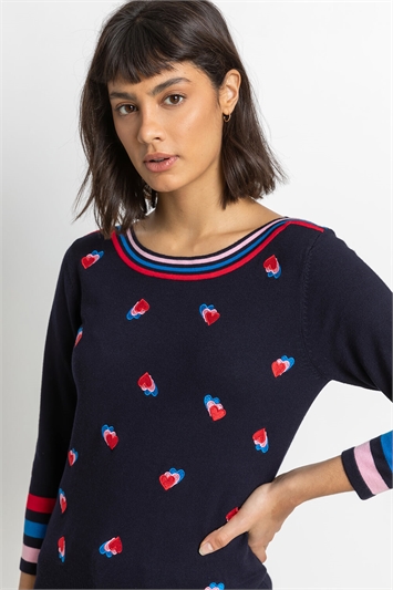 Navy Heart Embroidered Stripe Print Jumper, Image 4 of 4
