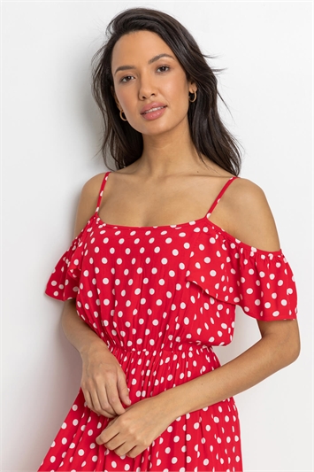 Red Spot Print Cold Shoulder Midi Dress, Image 4 of 4