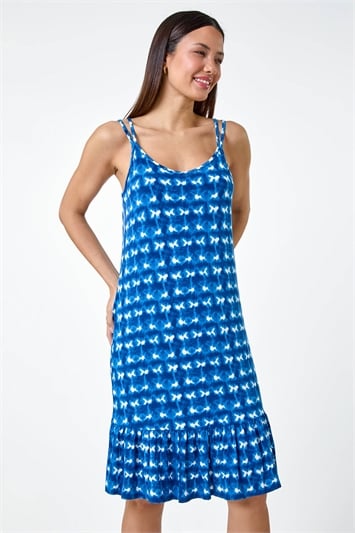 Blue Tie Dye Print Strappy Stretch Dress