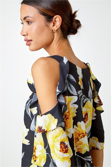 Yellow Floral Ruffle Detail Cold Shoulder Top