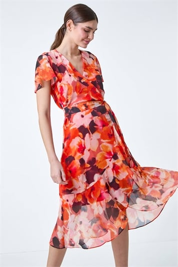 Orange Floral Print Chiffon Wrap Dress