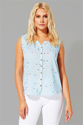 Light Blue Embroidered Sleeveless Button Blouse