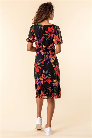 Black Tropical Floral Print Tea Dress, Image 2 of 4