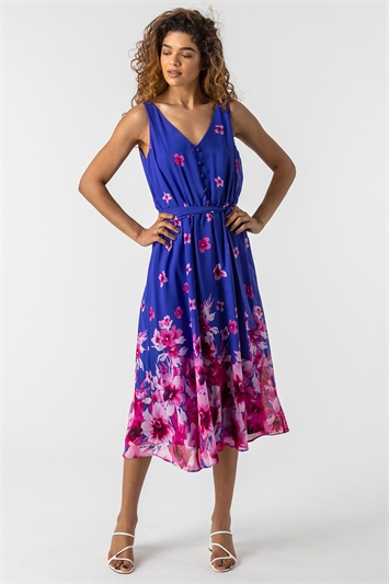 Blue Floral Print Belted Midi Dress, Image 5 of 5
