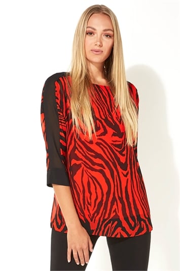 Red Animal Tiger Print 3/4 Sleeve Top