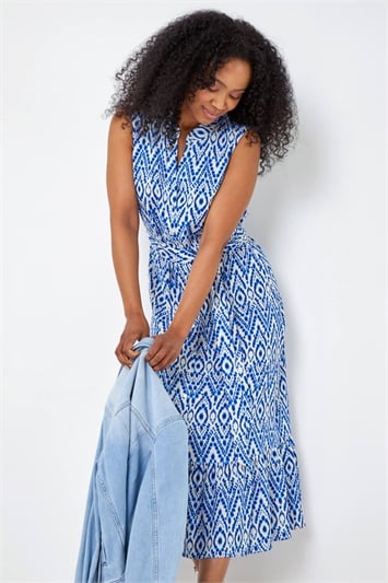 Blue Petite Aztec Print Frill Shirt Dress