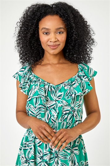 Green Petite Floral Shirred Waist Dress, Image 5 of 5
