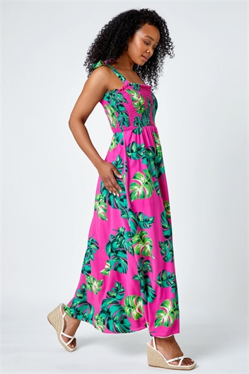Pink Petite Tropical Print Shirred Maxi Dress