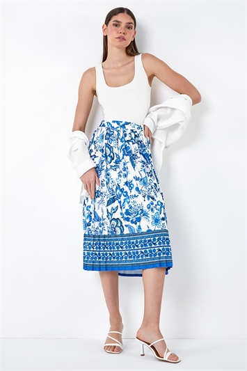 Blue Floral Broderie Stretch Pleated Midi Skirt