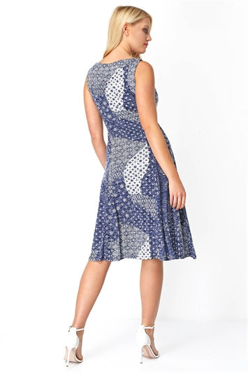 Blue Patchwork Print Fit And Flare Dress , Image 3 of 5