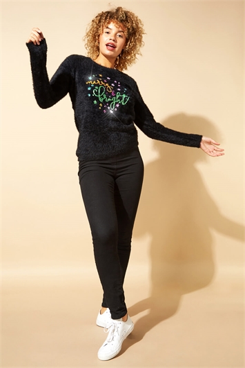 Black Merry & Bright Fluffy Christmas Jumper, Image 3 of 4