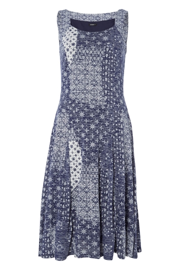 Blue Patchwork Print Fit And Flare Dress , Image 5 of 5